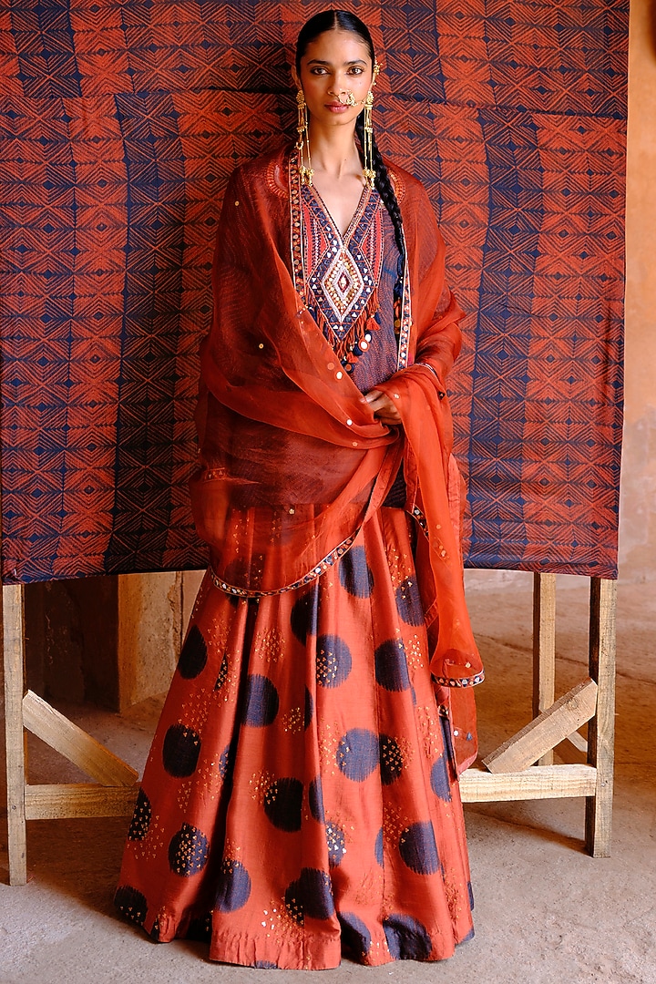 Rust Dupion Silk Ikat Digital Printed Wedding Lehenga Set by Drishti & Zahabia at Pernia's Pop Up Shop