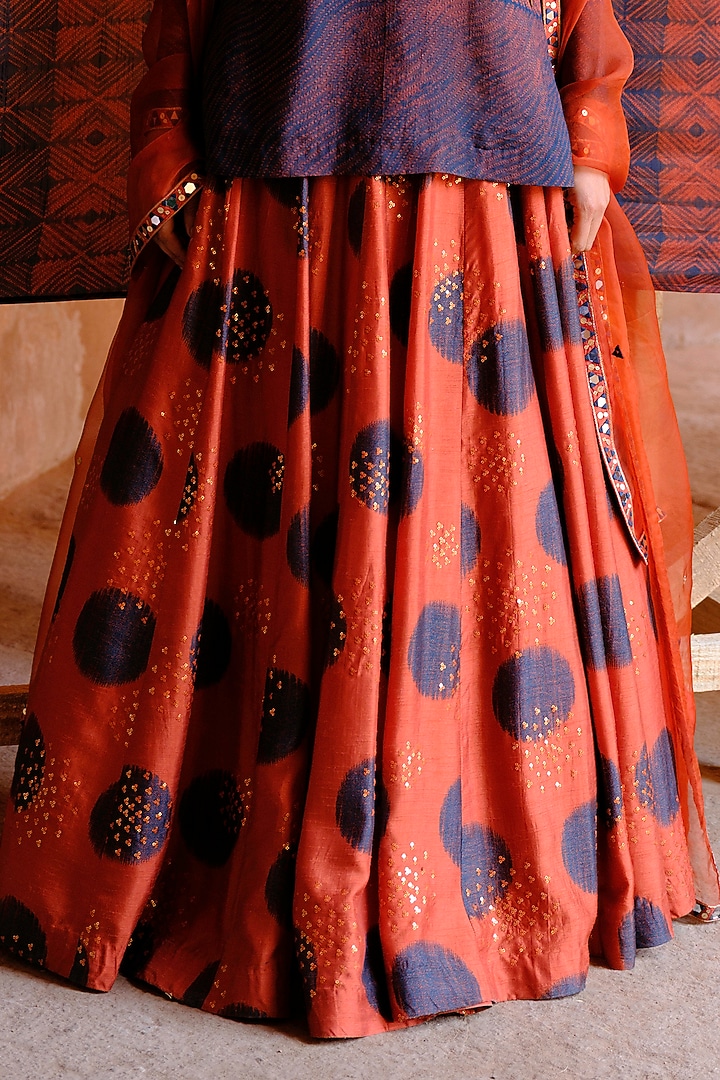 Rust Dupion Silk Ikat Digital Printed Wedding Lehenga Set by Drishti & Zahabia at Pernia's Pop Up Shop