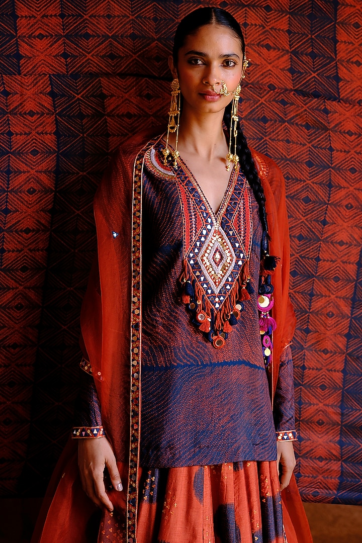 Rust Dupion Silk Ikat Digital Printed Wedding Lehenga Set by Drishti & Zahabia at Pernia's Pop Up Shop