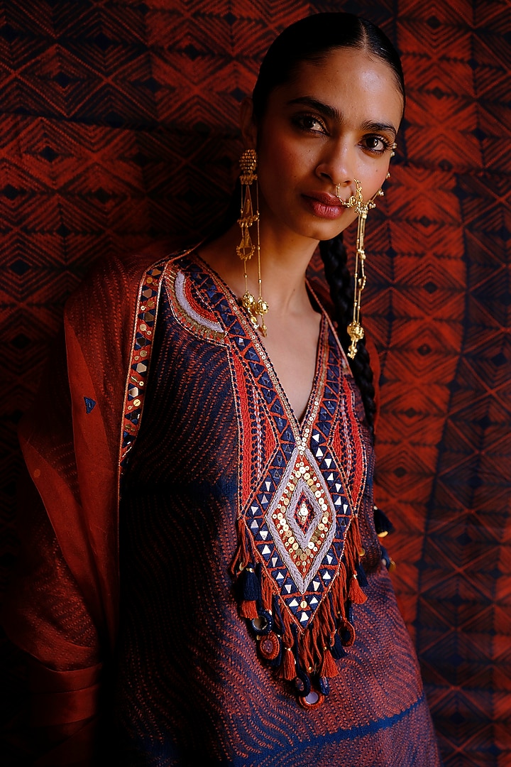 Rust Dupion Silk Ikat Digital Printed Wedding Lehenga Set by Drishti & Zahabia at Pernia's Pop Up Shop