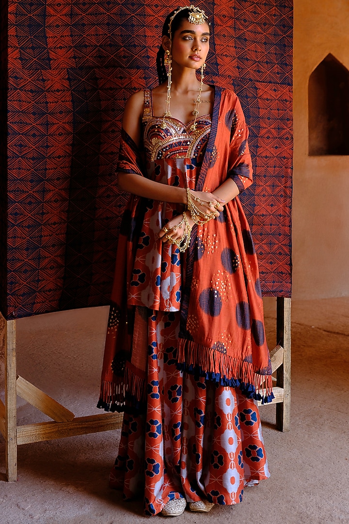 Rust Dupion Silk Ikat Digital Printed Kalidar Pant Set by Drishti & Zahabia at Pernia's Pop Up Shop