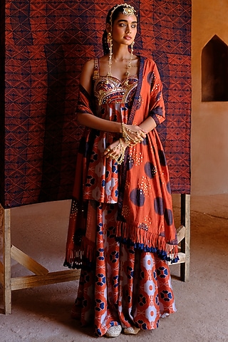 Rust Dupion Silk Ikat Digital Printed Kalidar Pant Set by Drishti & Zahabia