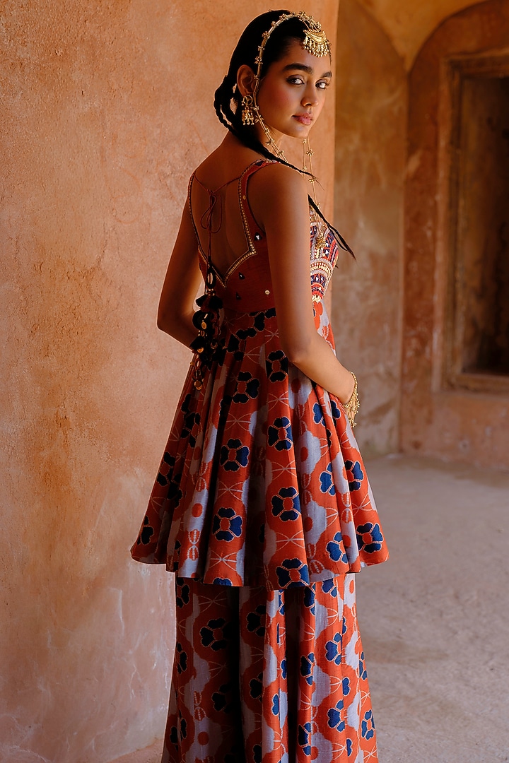 Rust Dupion Silk Ikat Digital Printed Kalidar Pant Set by Drishti & Zahabia at Pernia's Pop Up Shop