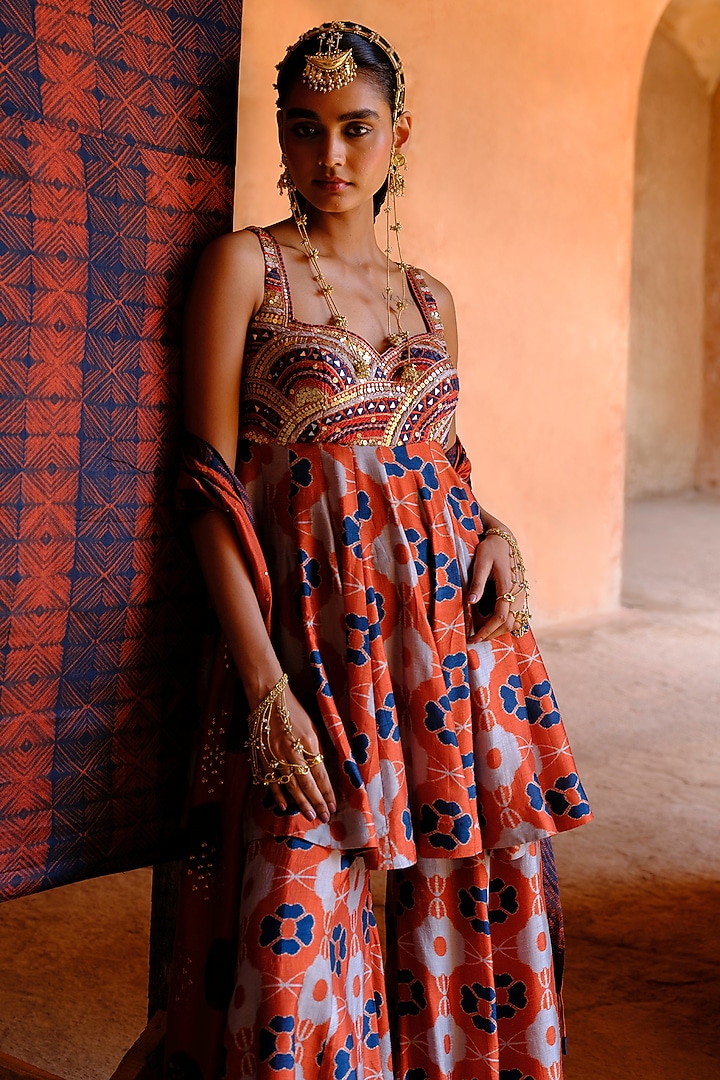 Rust Dupion Silk Ikat Digital Printed Kalidar Pant Set by Drishti & Zahabia at Pernia's Pop Up Shop