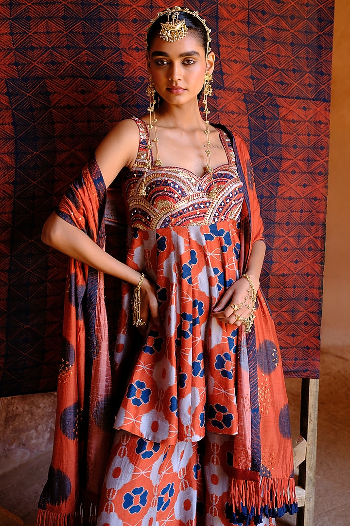 Rust Dupion Silk Ikat Digital Printed Kalidar Pant Set by Drishti & Zahabia at Pernia's Pop Up Shop