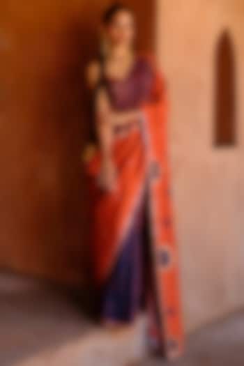 Rust Dupion Silk Ikat Digital Printed Wedding Saree Set by Drishti & Zahabia at Pernia's Pop Up Shop