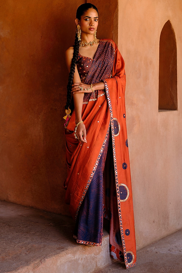 Rust Dupion Silk Ikat Digital Printed Wedding Saree Set by Drishti & Zahabia at Pernia's Pop Up Shop