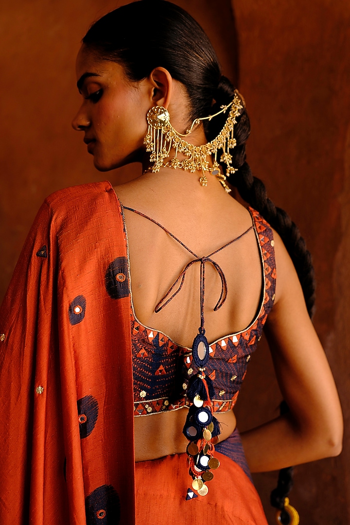 Rust Dupion Silk Ikat Digital Printed Wedding Saree Set by Drishti & Zahabia at Pernia's Pop Up Shop