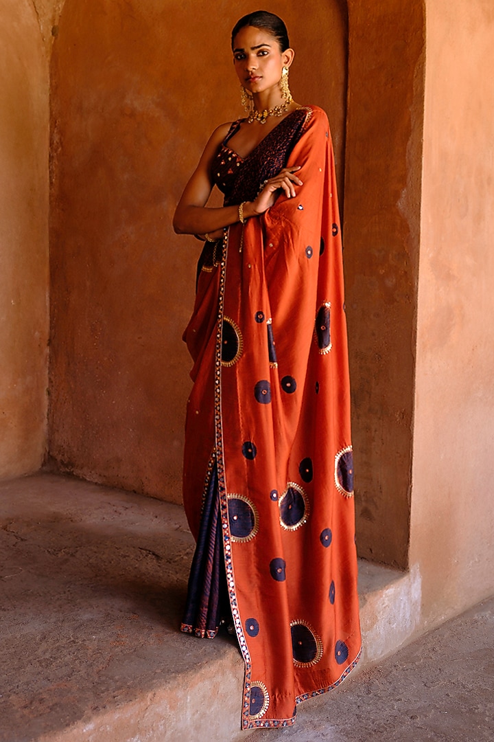 Rust Dupion Silk Ikat Digital Printed Wedding Saree Set by Drishti & Zahabia at Pernia's Pop Up Shop