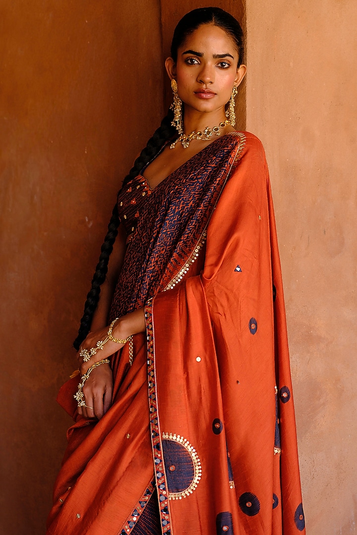 Rust Dupion Silk Ikat Digital Printed Wedding Saree Set by Drishti & Zahabia at Pernia's Pop Up Shop