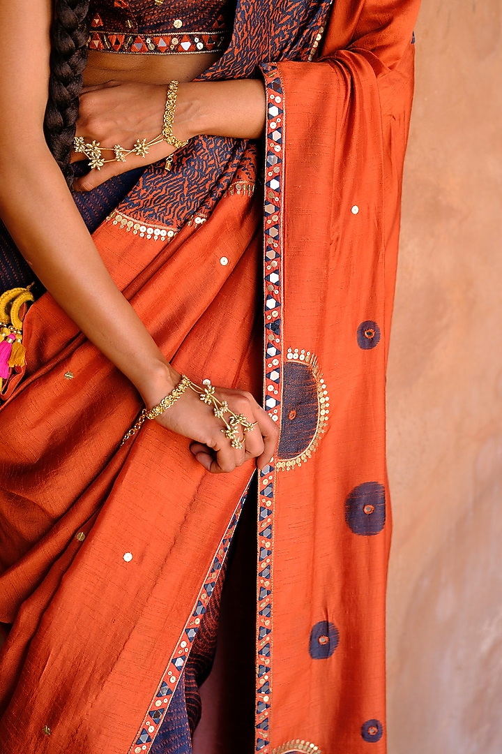 Rust Dupion Silk Ikat Digital Printed Wedding Saree Set by Drishti & Zahabia at Pernia's Pop Up Shop