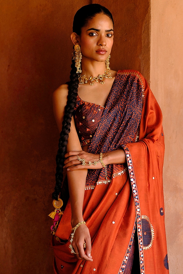 Rust Dupion Silk Ikat Digital Printed Wedding Saree Set by Drishti & Zahabia at Pernia's Pop Up Shop