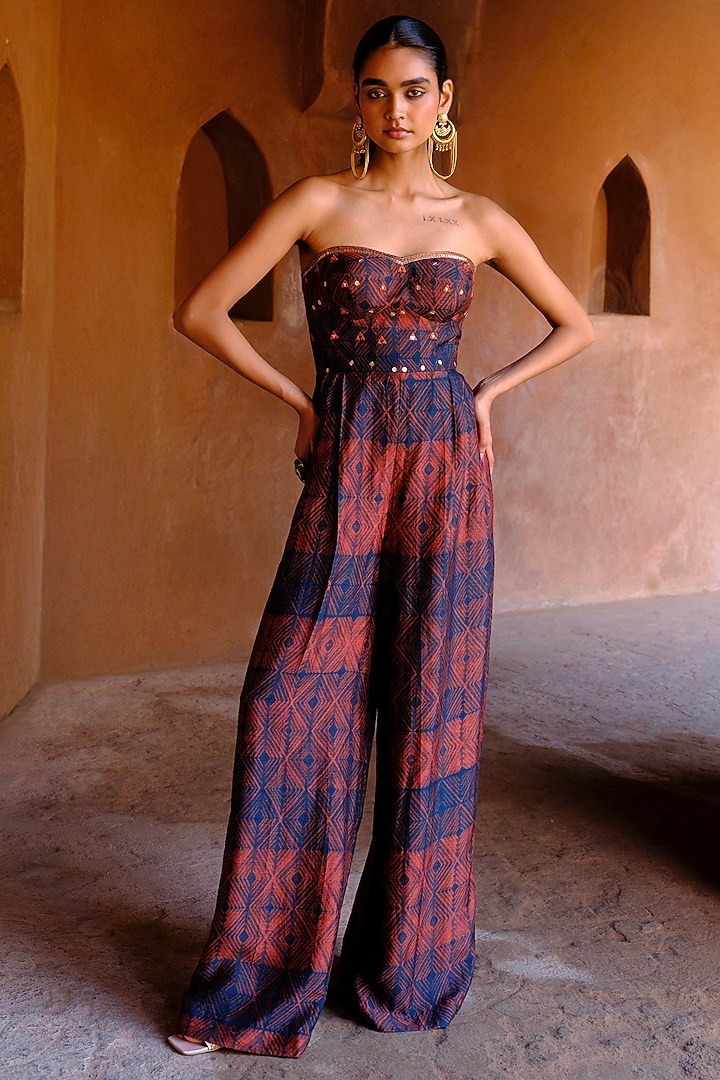 Rust Dupion Silk Printed & Embroidered Jumpsuit by Drishti & Zahabia at Pernia's Pop Up Shop