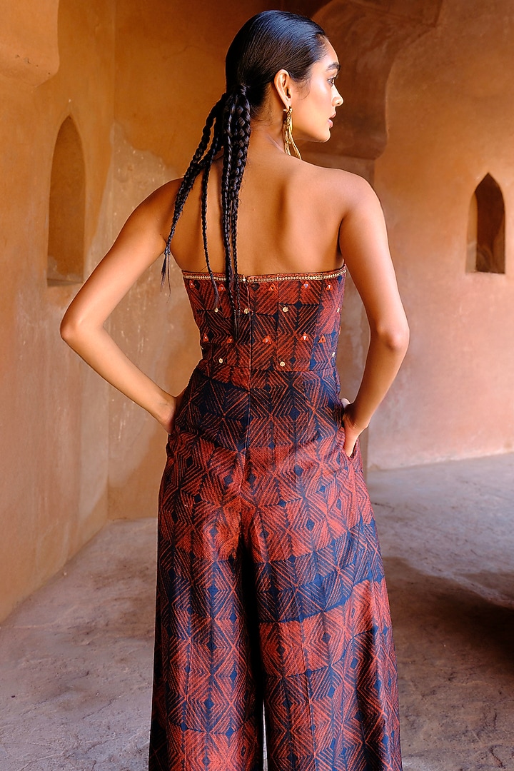 Rust Dupion Silk Printed & Embroidered Jumpsuit by Drishti & Zahabia at Pernia's Pop Up Shop