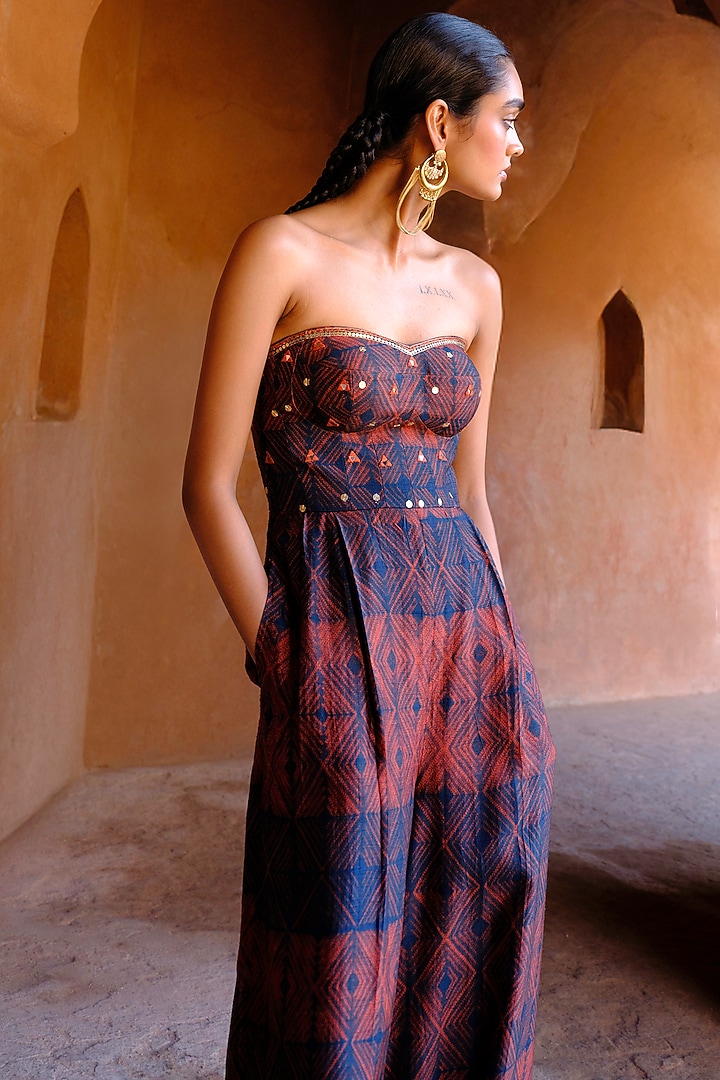 Rust Dupion Silk Printed & Embroidered Jumpsuit by Drishti & Zahabia at Pernia's Pop Up Shop