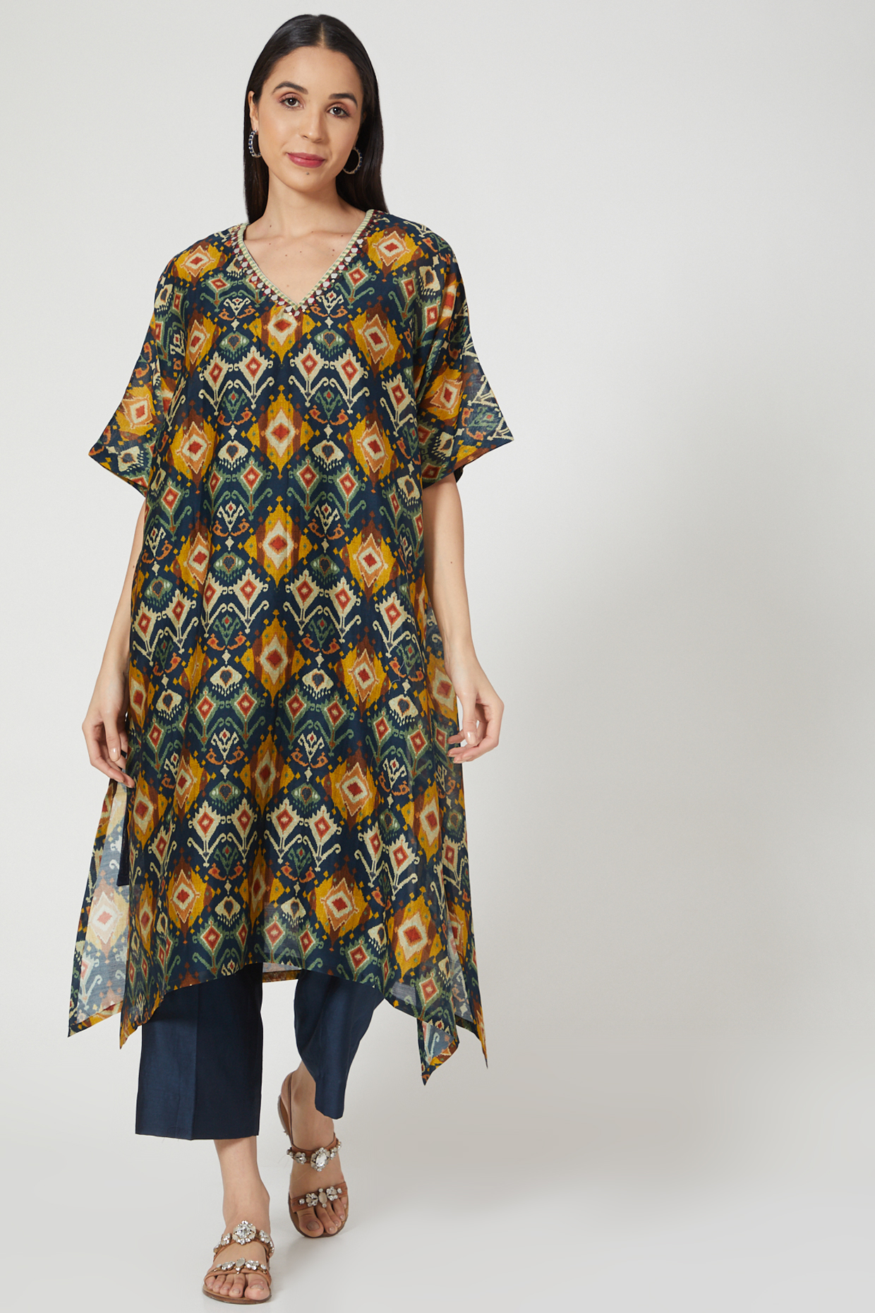 Midnight Blue Printed Kaftan Tunic Set by Drishti & Zahabia at Pernia's Pop Up Shop
