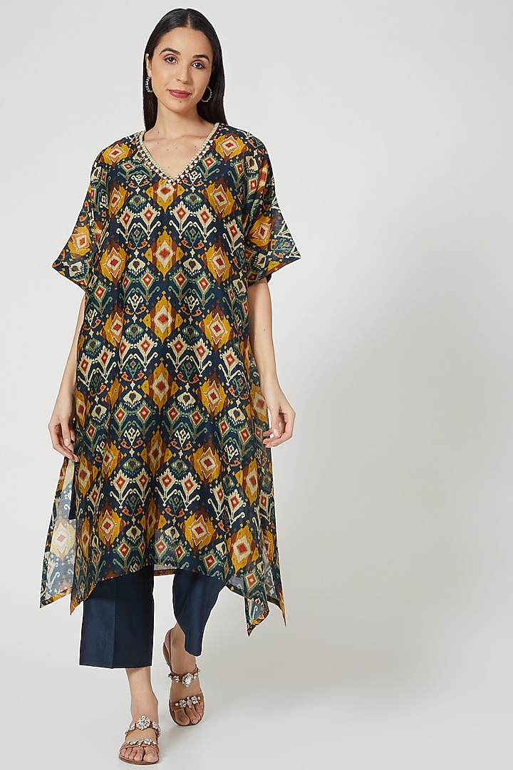 Midnight Blue Printed Kaftan Tunic Set by Drishti & Zahabia at Pernia's Pop Up Shop