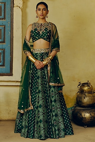 Emerald Green Dupion Silk Printed & Hand Embroidered Lehenga Set by Drishti & Zahabia