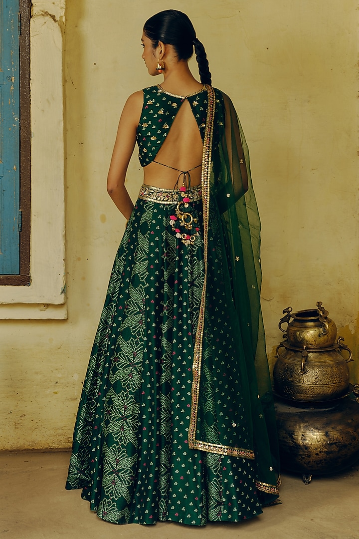 Emerald Green Dupion Silk Printed & Hand Embroidered Wedding Lehenga Set by Drishti & Zahabia at Pernia's Pop Up Shop