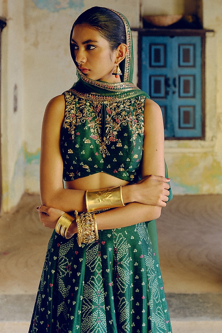 Emerald Green Dupion Silk Printed & Hand Embroidered Wedding Lehenga Set by Drishti & Zahabia at Pernia's Pop Up Shop