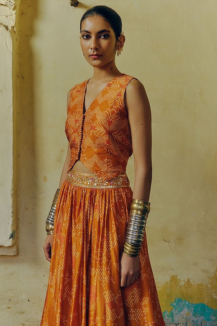 Ochre Dupion Silk Bandhani Printed & Hand Embroidered Lehenga Set Set by Drishti & Zahabia at Pernia's Pop Up Shop
