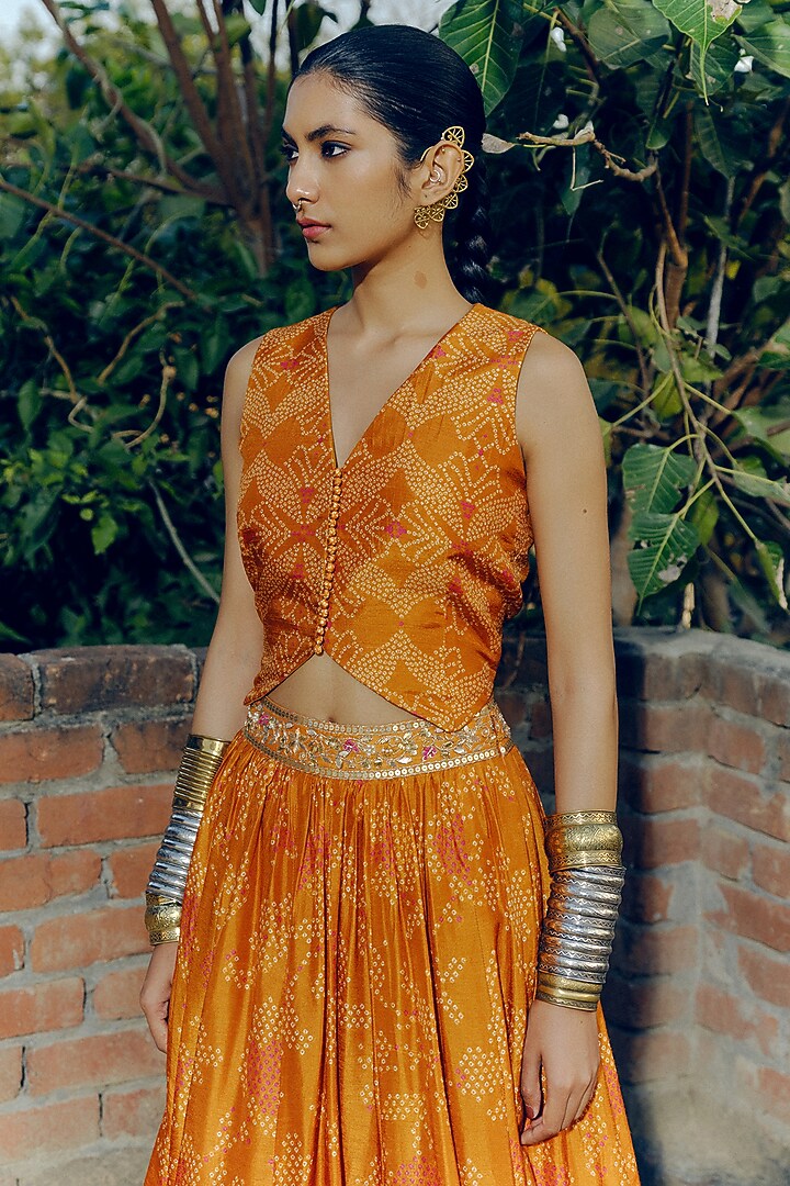 Ochre Dupion Silk Bandhani Printed & Hand Embroidered Lehenga Set Set by Drishti & Zahabia at Pernia's Pop Up Shop