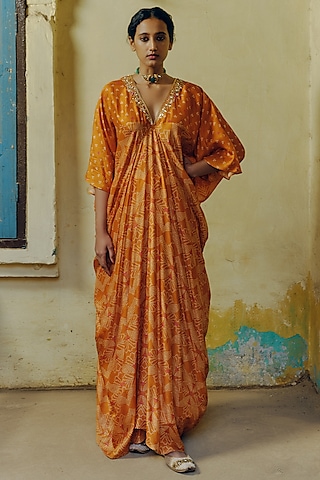 Ochre Dupion Silk Printed & Hand Embroidered Kaftan by Drishti & Zahabia