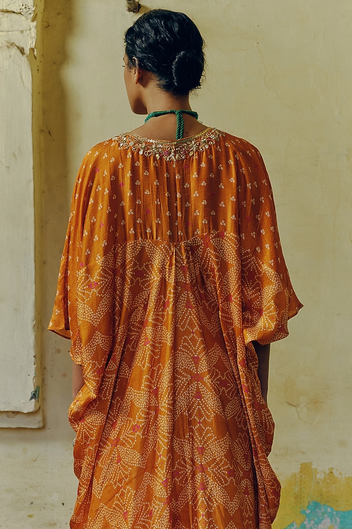 Ochre Dupion Silk Printed & Hand Embroidered Kaftan by Drishti & Zahabia at Pernia's Pop Up Shop