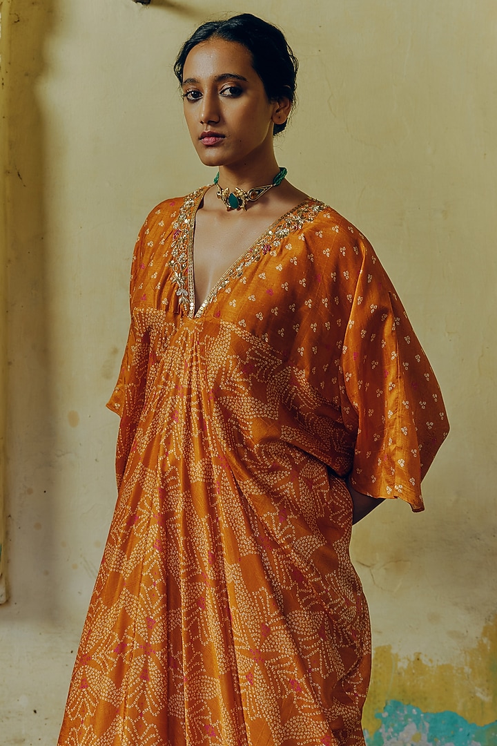 Ochre Dupion Silk Printed & Hand Embroidered Kaftan by Drishti & Zahabia at Pernia's Pop Up Shop