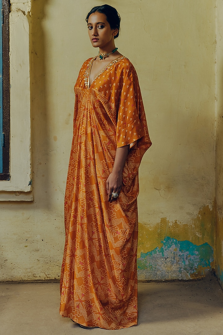Ochre Dupion Silk Printed & Hand Embroidered Kaftan by Drishti & Zahabia at Pernia's Pop Up Shop