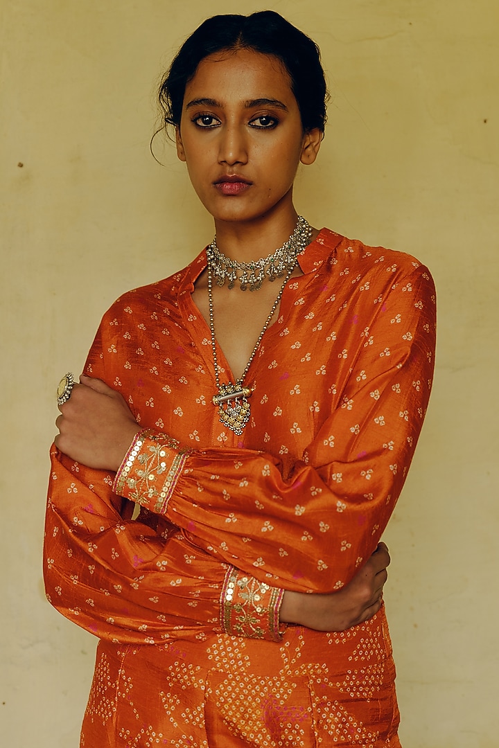 Rust Dupion Silk Bandhani Printed & Hand Embroidered Co-Ord Set by Drishti & Zahabia at Pernia's Pop Up Shop