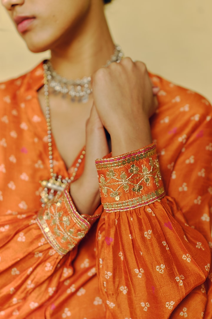 Rust Dupion Silk Bandhani Printed & Hand Embroidered Co-Ord Set by Drishti & Zahabia at Pernia's Pop Up Shop