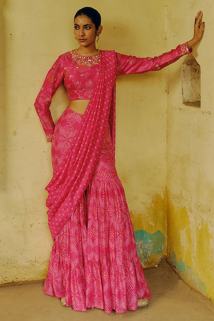 Rani Pink Dupion Silk Bandhani Printed & Hand Embroidered Pre-Draped Sharara Saree Set by Drishti & Zahabia