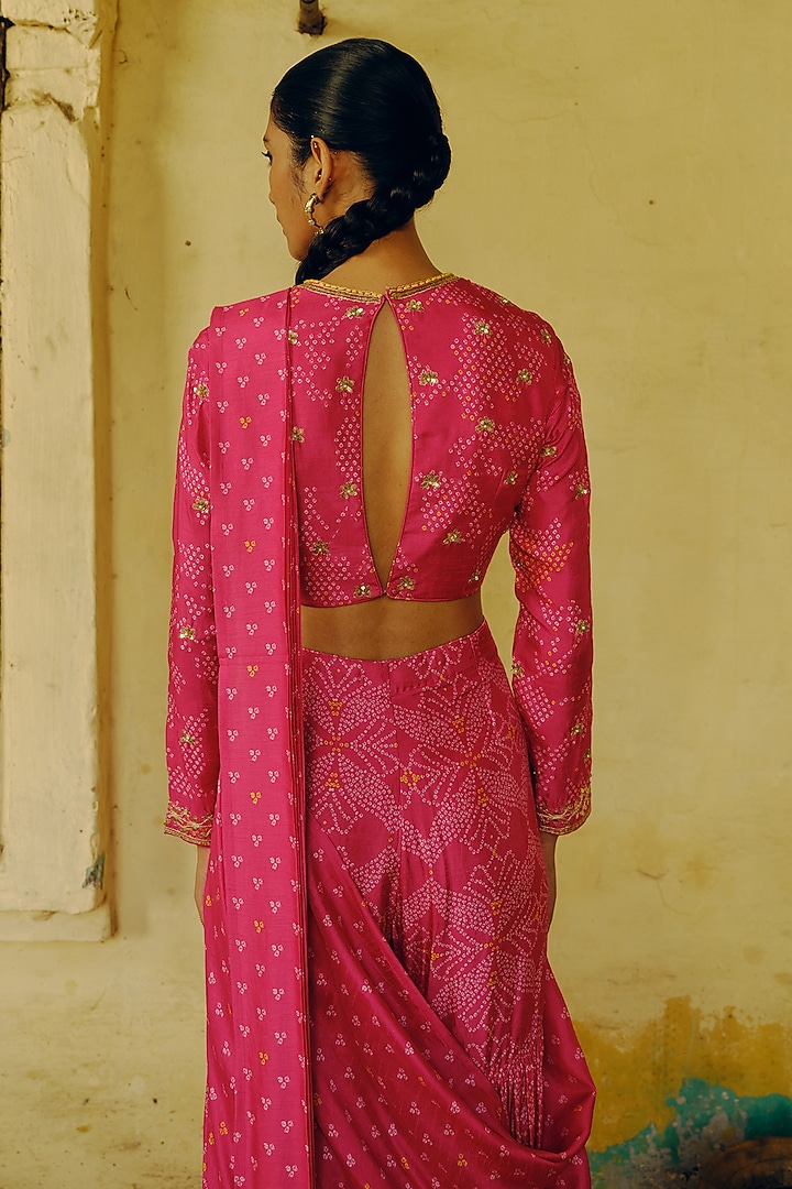 Rani Pink Dupion Silk Bandhani Printed & Hand Embroidered Pre-Draped Sharara Party Wear Saree Set by Drishti & Zahabia at Pernia's Pop Up Shop