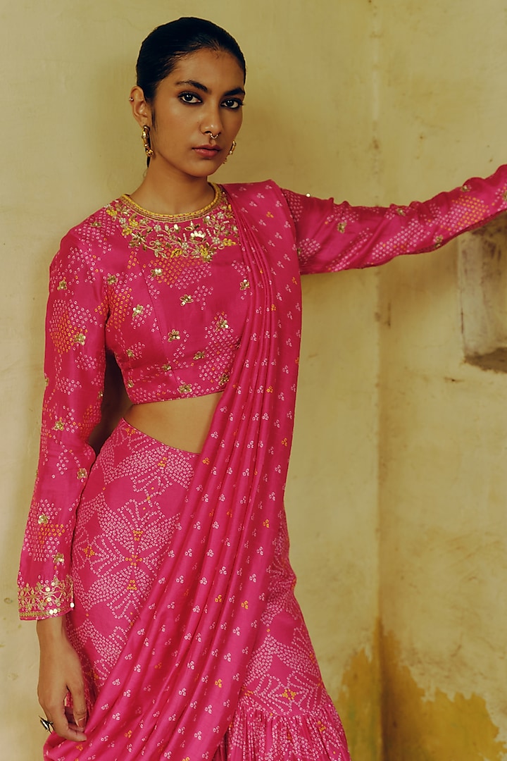 Rani Pink Dupion Silk Bandhani Printed & Hand Embroidered Pre-Draped Sharara Party Wear Saree Set by Drishti & Zahabia at Pernia's Pop Up Shop