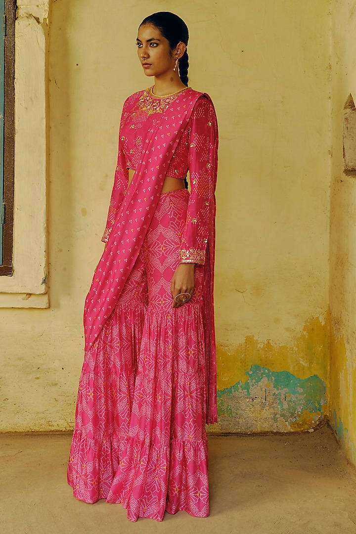 Rani Pink Dupion Silk Bandhani Printed & Hand Embroidered Pre-Draped Sharara Party Wear Saree Set by Drishti & Zahabia at Pernia's Pop Up Shop