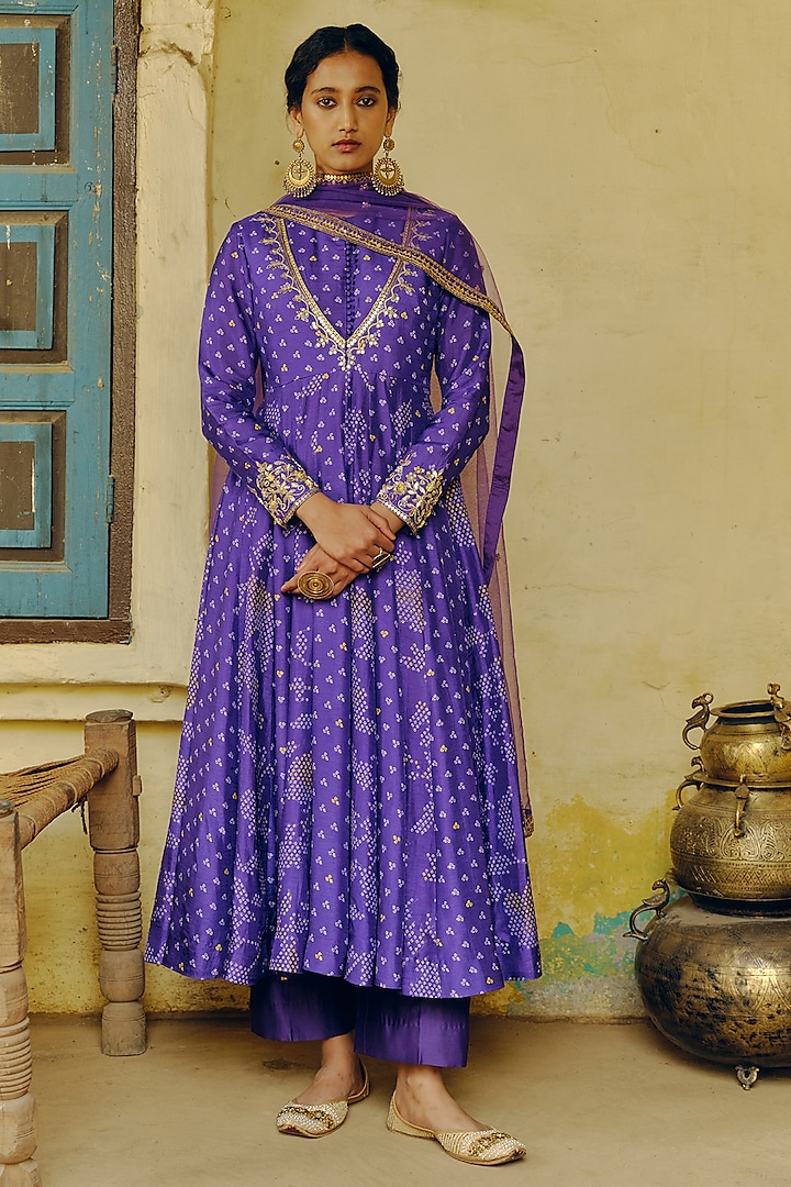 Iris Purple Dupion Silk Bandhani Printed & Embroidered Anarkali Set by Drishti & Zahabia
