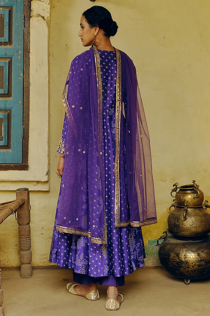 Iris Purple Dupion Silk Bandhani Printed & Embroidered Wedding Anarkali Set by Drishti & Zahabia at Pernia's Pop Up Shop