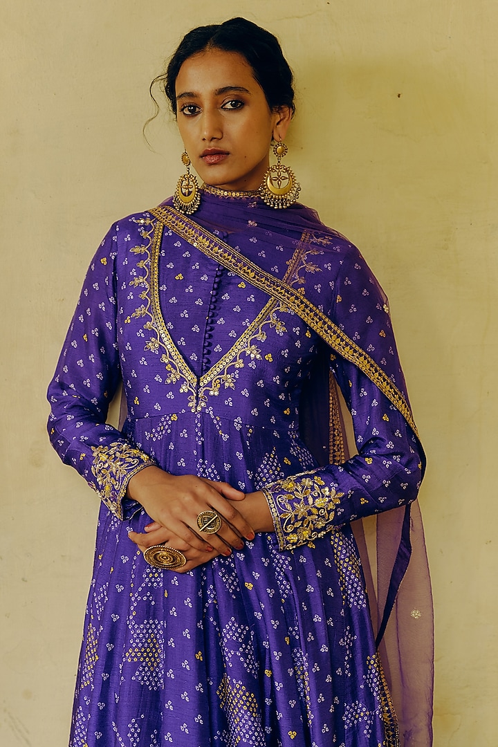 Iris Purple Dupion Silk Bandhani Printed & Embroidered Wedding Anarkali Set by Drishti & Zahabia at Pernia's Pop Up Shop