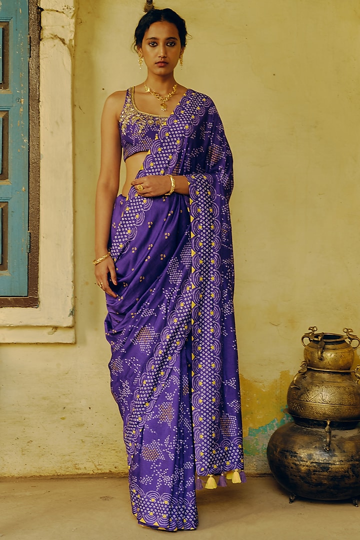Iris Purple Dupion Silk Bandhani Printed Saree Set by Drishti & Zahabia
