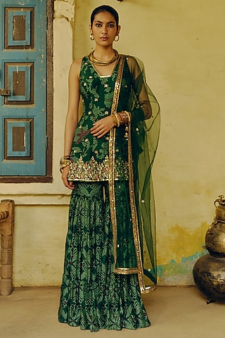 Emerald Green Dupion Silk Bandhani Printed & Hand Embroidered Sharara Set by Drishti & Zahabia
