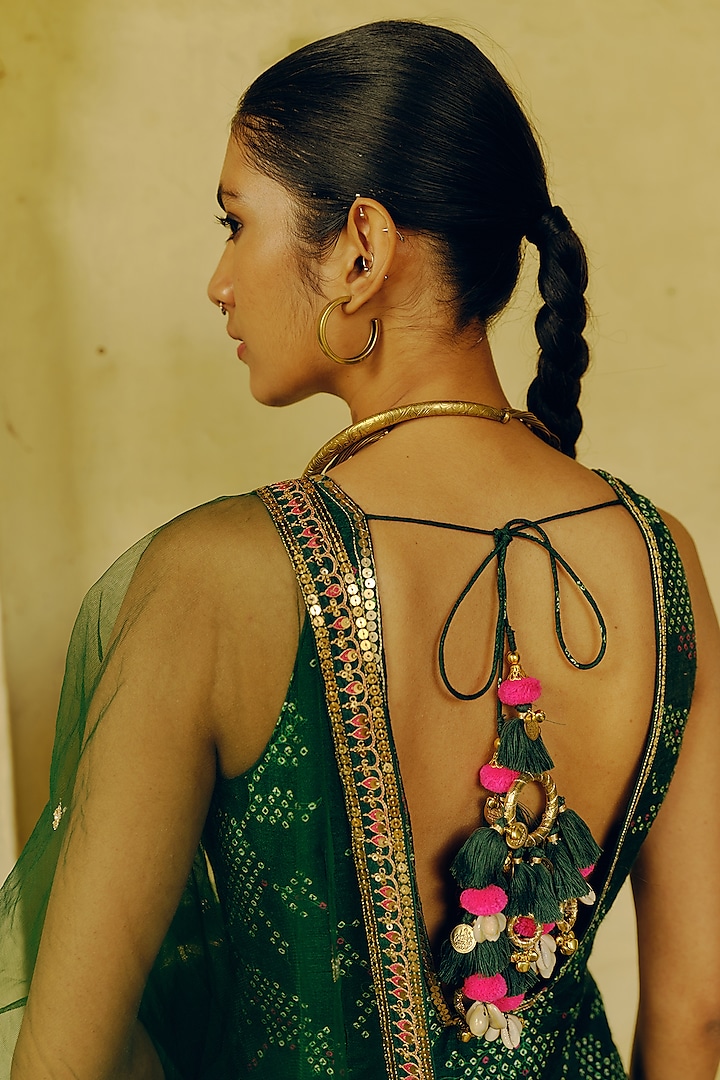 Emerald Green Dupion Silk Bandhani Printed & Hand Embroidered Party Wear Sharara Set by Drishti & Zahabia at Pernia's Pop Up Shop