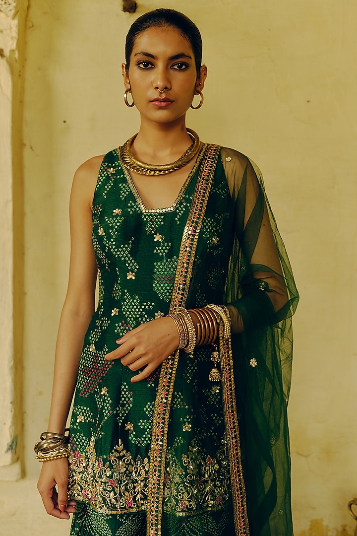Emerald Green Dupion Silk Bandhani Printed & Hand Embroidered Party Wear Sharara Set by Drishti & Zahabia at Pernia's Pop Up Shop
