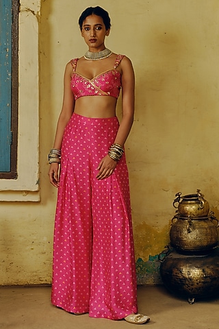 Rani Pink Dupion Silk Bandhani Printed & Hand Embroidered Co-Ord Set by Drishti & Zahabia