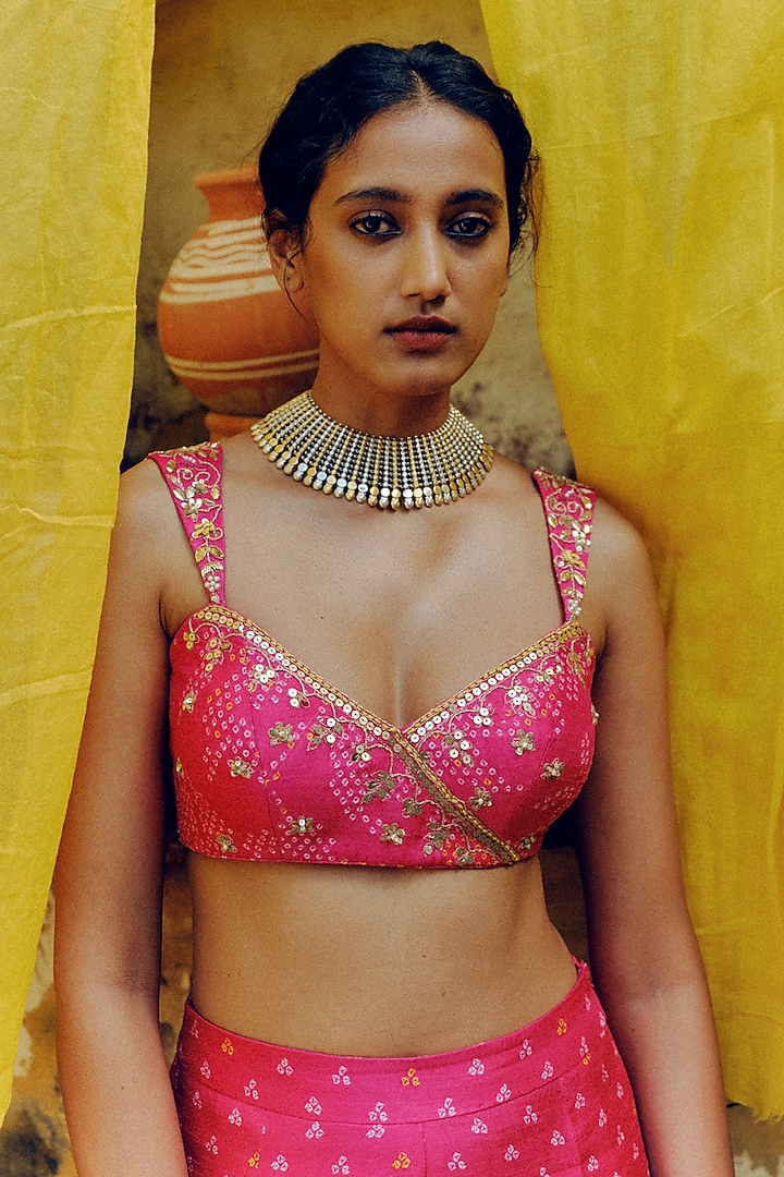 Rani Pink Dupion Silk Bandhani Printed & Hand Embroidered Co-Ord Set by Drishti & Zahabia at Pernia's Pop Up Shop