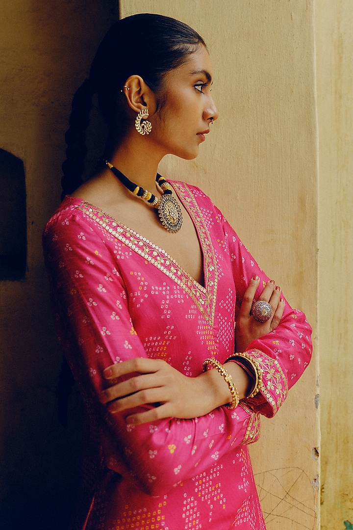 Rani Pink Dupion Silk Bandhani Printed & Embroidered Handkerchief Tunic Set by Drishti & Zahabia at Pernia's Pop Up Shop