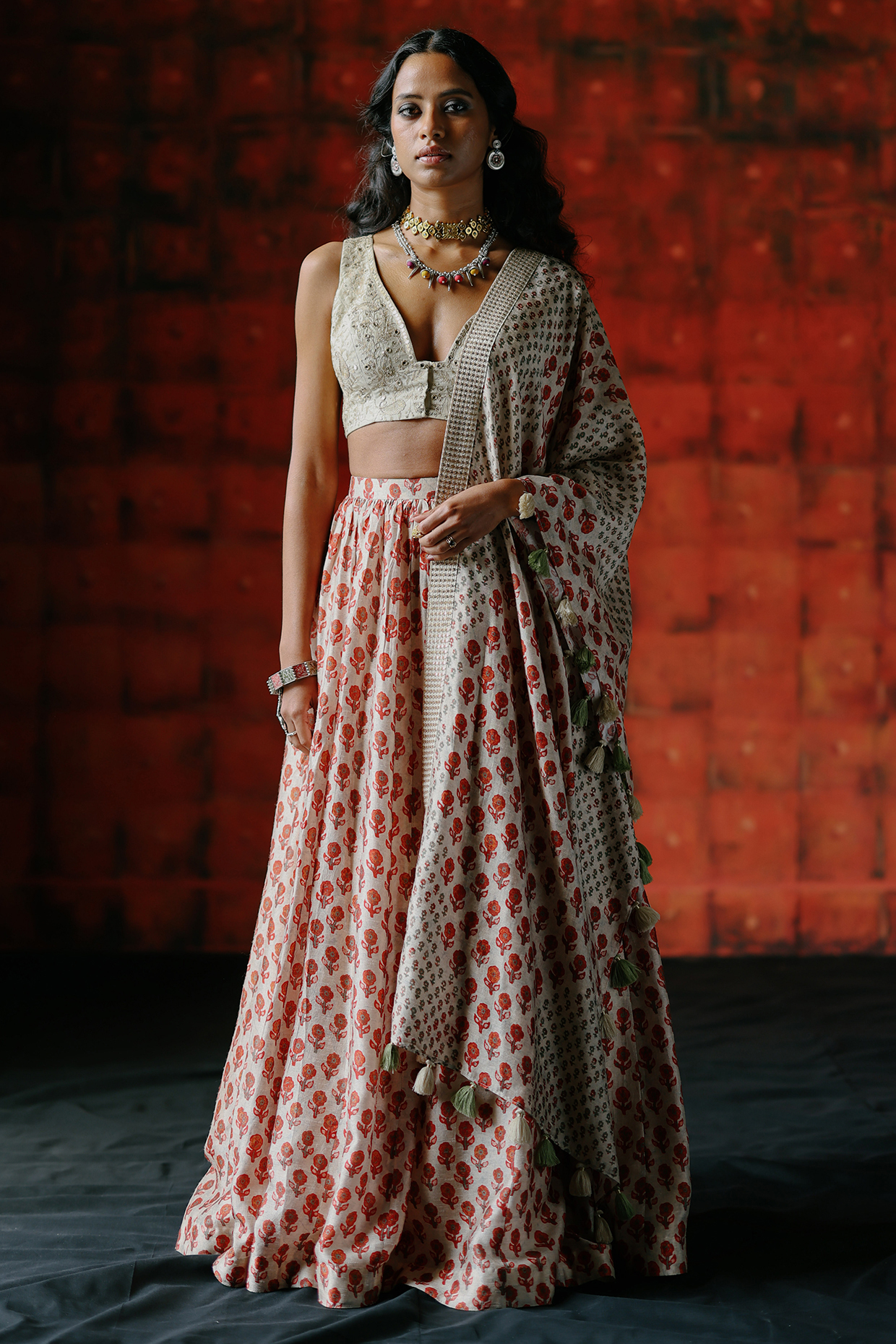 Pearl White Dupion Silk Ajrakh Digital Printed Wedding Lehenga Set by Drishti & Zahabia at Pernia's Pop Up Shop
