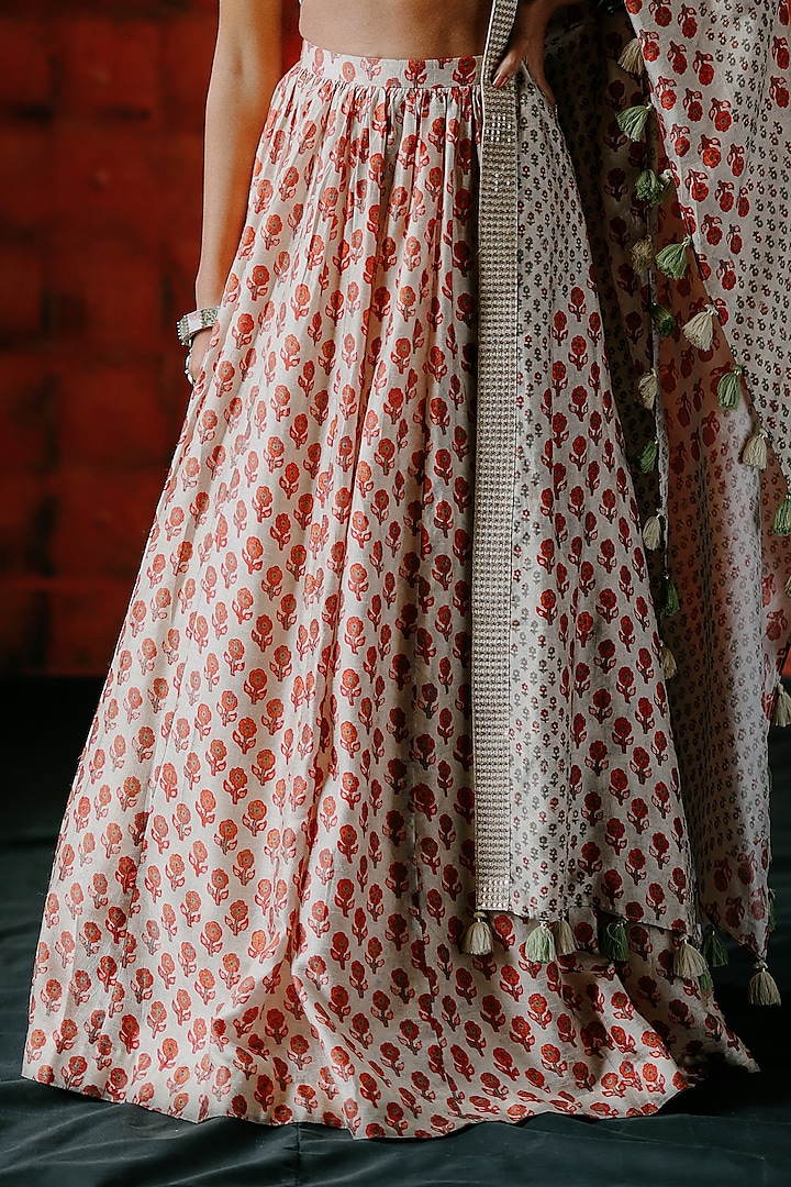 Pearl White Dupion Silk Ajrakh Digital Printed Wedding Lehenga Set by Drishti & Zahabia at Pernia's Pop Up Shop
