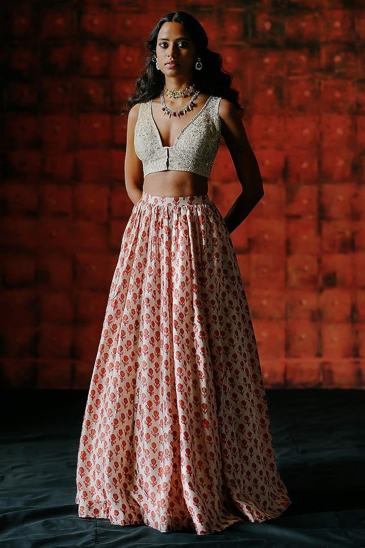 Pearl White Dupion Silk Ajrakh Digital Printed Wedding Lehenga Set by Drishti & Zahabia at Pernia's Pop Up Shop