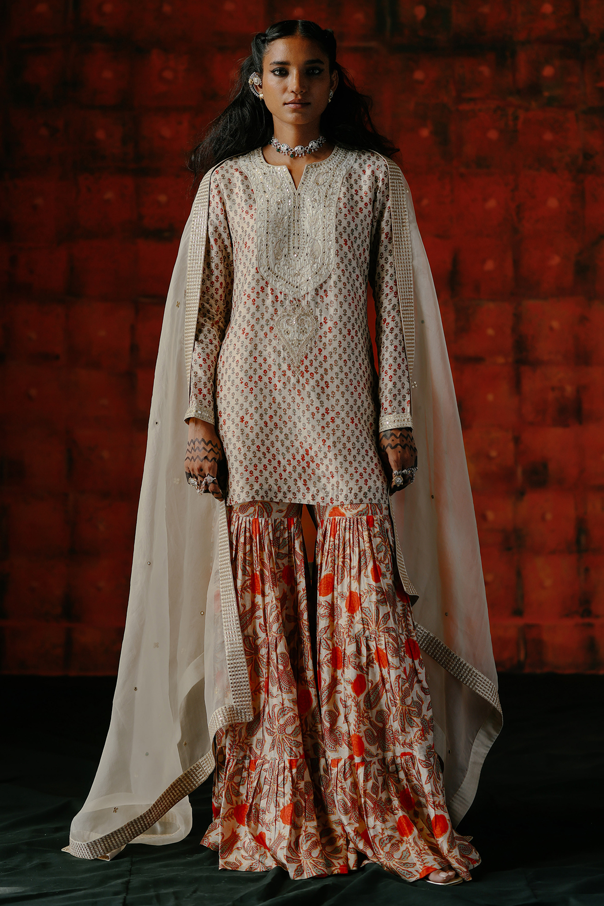 Pearl White Dupion Silk Zari & Sequins Embroidered Kurta Set by Drishti & Zahabia at Pernia's Pop Up Shop